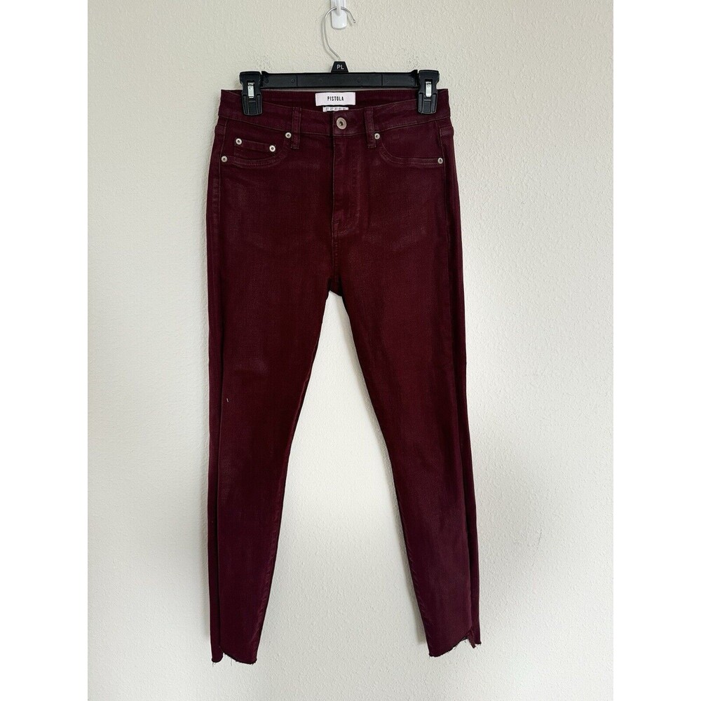 Pistola Maroon Coated Metallic Raw Hem Skinny Jeans Size 27 Punk Grunge Pants